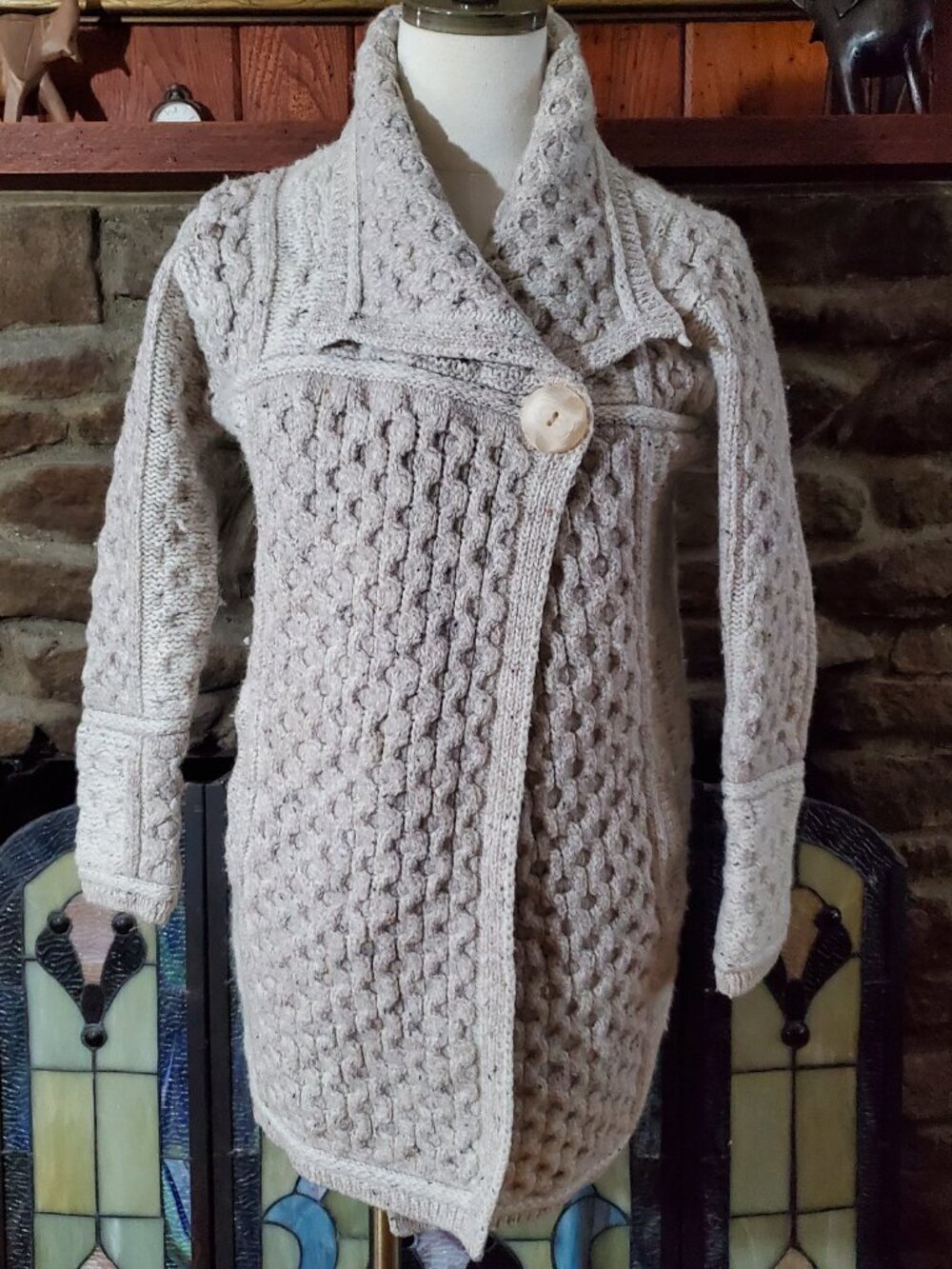 Aran Crafts Ireland Merino Wool Asymmetric Sweater Coat Single Button Womens S
